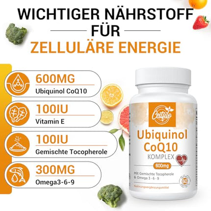 Ubiquinol CoQ10 600 mg mīkstās kapsulas - CoQ10 aktīvā forma plus E vitamīns un Omega 3, 6, 9 - uzlabots koenzīms Q10 60 kapsulas (1 iepakojums)