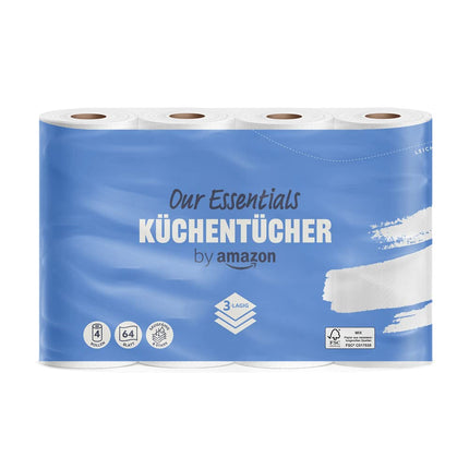 Amazon virtuves papīrs, 3 slāņu, 4 ruļļi (4 ruļļi, 1 iepakojums), 64 loksnes rullī, FSC sertificēts