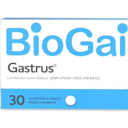 BIOGAIA GASTRUS – L. reuteri Gastrus 'DSM 17938 + ATCC PTA 6475 – Kastīte ar 30 košļājamām tabletēm ar mandarīna garšu