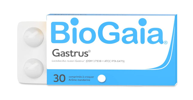 BIOGAIA GASTRUS – L. reuteri Gastrus 'DSM 17938 + ATCC PTA 6475 – Kastīte ar 30 košļājamām tabletēm ar mandarīna garšu