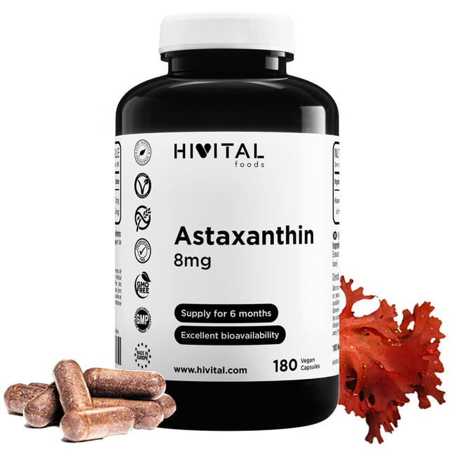 Astaksantīns 8 mg. 180 vegāniskas kapsulas 6 mēnešu kursam. Izgatavots no 160 mg dabīgajām aļģēm Haematococcus Pluvialis ar 5% astaksantīna, kas nodrošina 8 mg tīra astaksantīna. No Hivitalas
