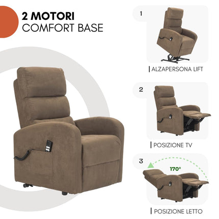 POLTRONE ITALIA Jessica 2 Motors PERSONALIZĒTS atpūtas krēsls ar medicīnisko ierīci 4 riteņi mikro atsperu sēdeklis pūkains brūns