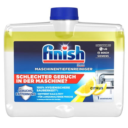 Finish Machine Deep Cleaner Citrus – šķidrs trauku mazgājamās mašīnas tīrīšanas līdzeklis pret kaļķakmeni un taukiem tīrai trauku mazgājamajai mašīnai – izdevīgs iepakojums ar 4 x 250 ml trauku mazgājamās mašīnas tīrīšanas līdzekļa ar citrona aromātu