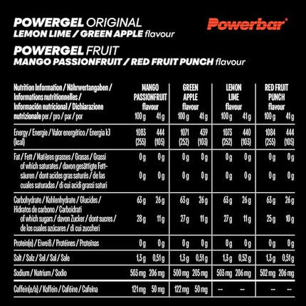 Powerbar - PowerGel daudzgaršu kaste - 12x41g - enerģijas želejas ar augstu ogļhidrātu saturu - ogļhidrātu attiecība 2:1 - nātrijs