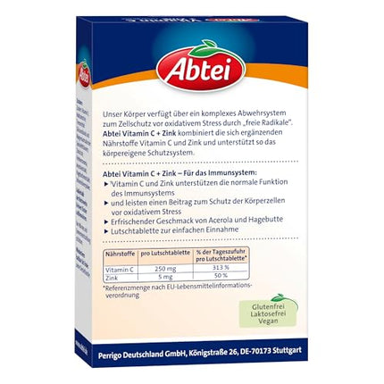 Abtei C vitamīns + cinks - vērtīgs vitamīnu uztura bagātinātājs pastilām - imūnsistēmas un šūnu aizsardzības atbalstam - bez glutēna, vegāns - 1 x 30 pastilas