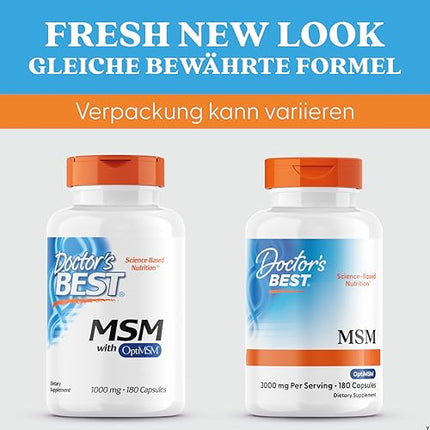 Doctor's Best, MSM ar OptiMSM, 180 kapsulas, 3000 mg MSM vienā devā, bez glutēna, bez ĢMO, bez garšas