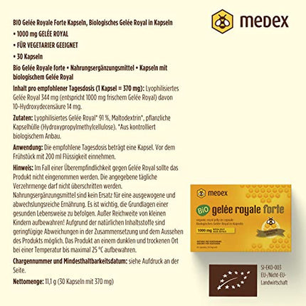 Medex Bio Royal Jelly FORTE, augsta deva 1000 mg Royal Jelly, liofilizēts, sausā veidā, klīniski pierādīti rezultāti, 30 kapsulas, 30 dienu lietošana