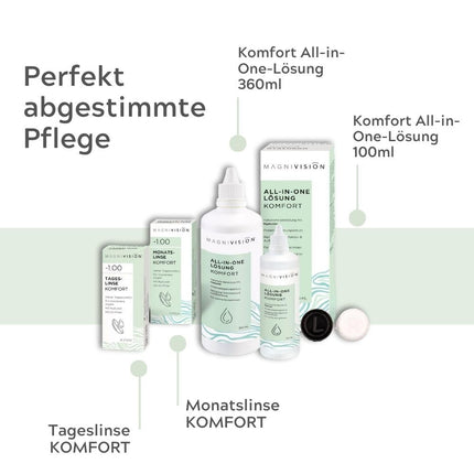 MAGNIVISION All-in-One Solution Comfort, 100 ml (ceļojuma izmērs) mīkstajām kontaktlēcām, mīksto kontaktlēcu tīrīšanai un uzglabāšanai, bez borāta, ražots Eiropā