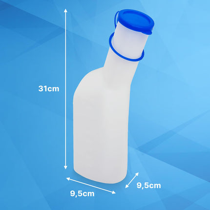 Pisuāra pudeles vīriešiem 1000 ml, ARNOMED piena urīna pudele ar zilu vāciņu, PP urinēšanas pudele vīriešiem kvadrātveida, hermētiska pisuāra pudele vīriešiem, avārijas pisuāra pudele lietošanai ceļā