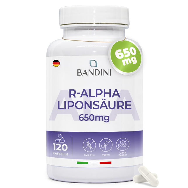 Bandini® alfa lipoīnskābe (alfa lipoīnskābe) 650 mg depo | 120 lielas devas vegānas kapsulas | Dabīgs antioksidants | Augsta biopieejamība | Palīdz pret iekaisumu | 4 mēnešu krājumi | Laboratorijā pārbaudīts