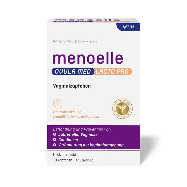 menoelle® OVULA med Lacto Pro. Bakteriālas vaginozes, maksts rauga infekcijas, iekaisušu gļotādu un maksts sausuma gadījumā. Ar pienskābi, probiotikām un kopšanas kompleksu. Bez hormoniem. 10 svecītes.