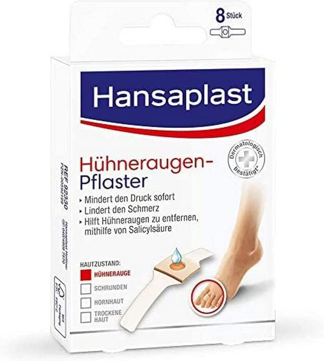 Hansaplast plāksteri varžacīm (1 x 8 gabali), plāksteri ar salicilskābi varžacu noņemšanai, sāpes remdējoši pēdu plāksteri ar drošu fiksāciju