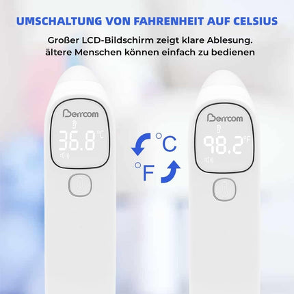 Berrcom drudža termometrs bezkontakta pieres un ausu termometrs digitālais medicīniskais termometrs infrasarkanais pieres termometrs zīdaiņiem, pieaugušajiem ar drudža trauksmi, tūlītēja nolasīšana