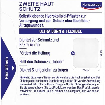 Hansaplast plāksteris Second Skin Protection Large (3 strēmeles), plāns un elastīgs hidrokoloīdais plāksteris ar dziedinošo kapsulu tehnoloģiju, ūdensizturīgs brūču plāksteris ar īpaši spēcīgu fiksāciju vismaz 72 stundas