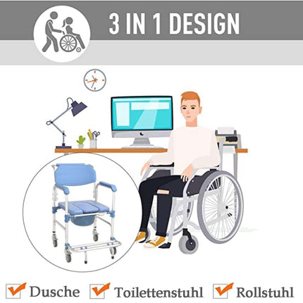 Tualetes krēsls ar riteņiem Dušas krēsls ar tualeti senioriem Mobilais tualetes ratiņkrēsls ar roku balstiem Muguras balsts un tualetes spainis līdz 150 kg Dušas krēsls ar riteņiem cilvēkiem ar invaliditāti