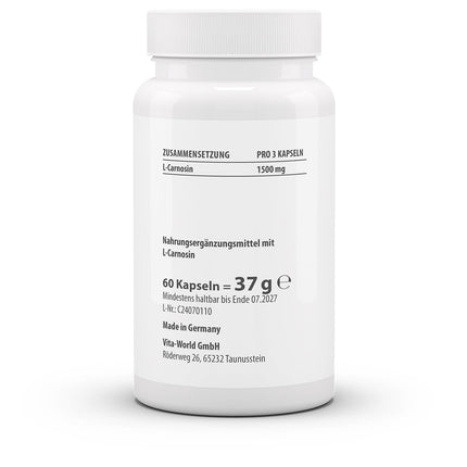 vitworld L-karnozīns 500 mg, dabīga, endogēna viela, 60 kapsulas