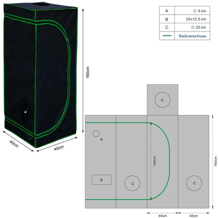 Mucola audzēšanas telts 40x40x160 cm komplekts ar 3-in-1 mērīšanas ierīci, audzēšanas telts hidroponikai augu audzēšanai | viegls un ūdensnecaurlaidīgs | Iekštelpu audzēšanas telts ar atstarojošu iekšējo foliju