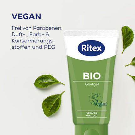 Ritex BIO lubrikants, 50 ml, vegāns un nav testēts uz dzīvniekiem, bez smaržvielām un krāsvielām, PEG, parabēniem un citiem konservantiem, ražots Vācijā