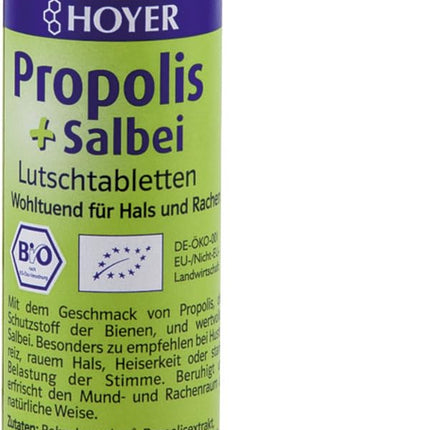 Hoyer Propolis &amp; Sage Lozenges Organic - Nomierinošs līdzeklis pret klepu un aizsmakumu - Ar propolisa ekstraktu un salvijas ekstraktu - 60 sūkājamās tabletes (1 x 30 g)