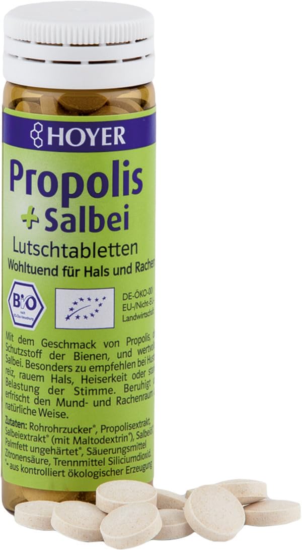 Hoyer Propolis &amp; Sage Lozenges Organic - Nomierinošs līdzeklis pret klepu un aizsmakumu - Ar propolisa ekstraktu un salvijas ekstraktu - 60 sūkājamās tabletes (1 x 30 g)