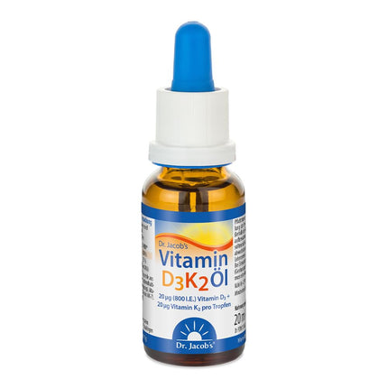 Dr. Jacob's D3 K2 vitamīna eļļas pilieni | Uztura bagātinātājs kauliem¹ un imūnsistēmai² | Augsta biopieejamība | D3 un K2 vitamīnu eļļa | 20 ml | veģetārietis