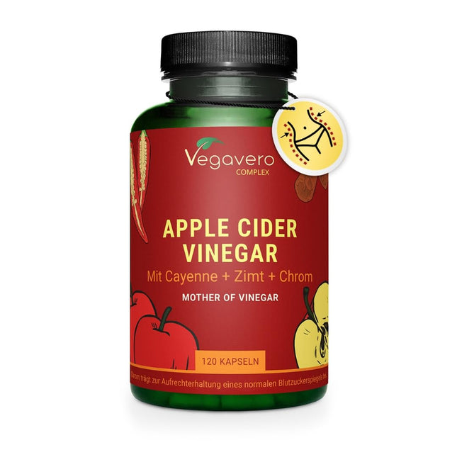 Ābolu sidra etiķa kapsulas | 1500 mg | Etiķa komplekss + Kajēnas pipari + Ingvers | Cukura līmenis asinīs* un vielmaiņa | Ābolu sidra etiķis | Laboratorijā pārbaudīts un vegāns | Vegavero®
