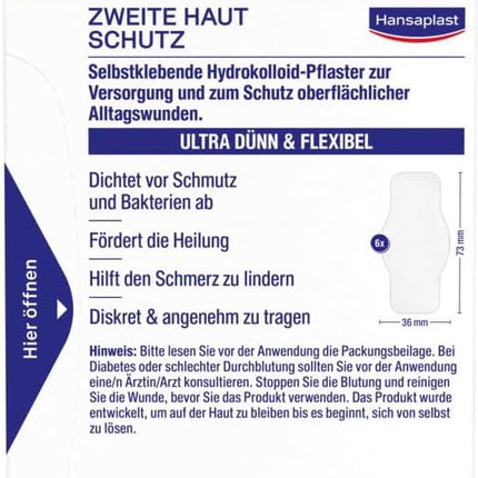 Hansaplast Plaster Second Skin Protection Regular (6 strēmeles), plāns un elastīgs hidrokoloīdais plāksteris ar dziedinošo kapsulu tehnoloģiju, ūdensizturīgs brūču plāksteris ar īpaši spēcīgu fiksāciju vismaz 72 stundas