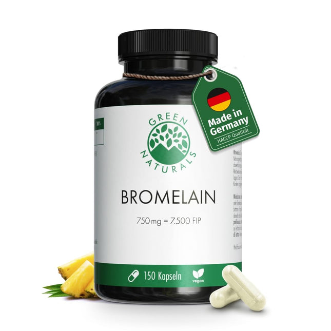 Bromelaīns — augsta deva: 750 mg (7500 FIP) — 150 kapsulas — 5 mēnešu krājumi — zarnās šķīstošās kapsulas — dabīgs ananāsu ekstrakts — Green Naturals®
