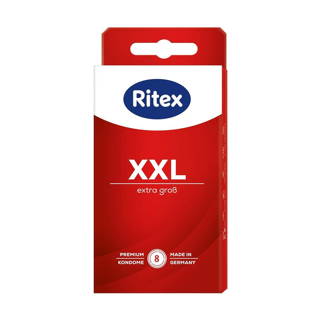 Ritex XXL prezervatīvi – īpaši lieli prezervatīvi (8 gabali) lielākam komfortam un intensīvākām sajūtām, prezervatīvi ar papildu lubrikantu – vegāniski prezervatīvi, dermatoloģiski pārbaudīti, ražoti Vācijā