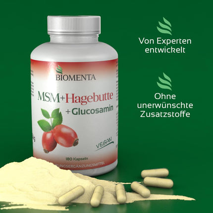 BIOMENTA MSM + Mežrozītes + Glikozamīns – 180 alergēnu nesaturošas kapsulas ar lielu devu – 1200 mg organiskā sēra pulvera + 794 mg glikozamīna sulfāta + 300 mg mežrozīšu ekstrakta dienā – vegāns – augstākās kvalitātes