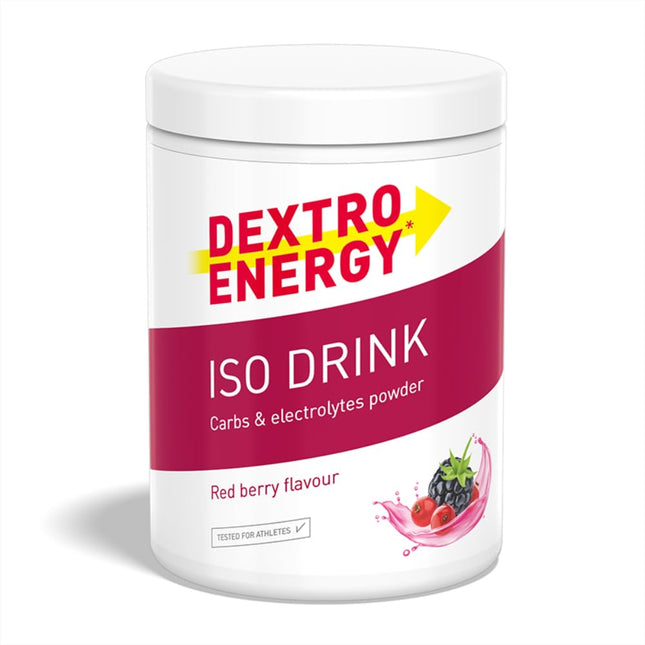 Dextro Energy, Iso Drink elektrolītu sporta dzēriena pulveris, sarkanas ogas, ar nātriju, magniju, kāliju, hlorīdu, ātrai enerģijai, 440g