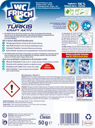 WC-Fresh Power Active Turquoise Rinse Sea Fresh (10 iepakojumi), tualetes tīrīšanas līdzeklis redzamai tīrīšanai ar tirkīza ūdeni, smaržakmeņi intensīvam tualetes aromātam