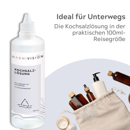 MAGNIVISION sāls šķīdums, 100 ml (ceļojuma izmērs). Sāls šķīdums kontaktlēcām, mīksto un cieto kontaktlēcu skalošanai, bez borāta, ražots Eiropā.
