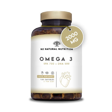 Augstas devas Omega 3 kapsulas ar 2000 mg zivju eļļas, 700 mg EPA un 500 mg DHA, zivju eļļa ar E vitamīnu un omega 3 taukskābēm. 120 mīkstās želejas kapsulas tīra jūras zivju eļļa N2 Natural Nutrition