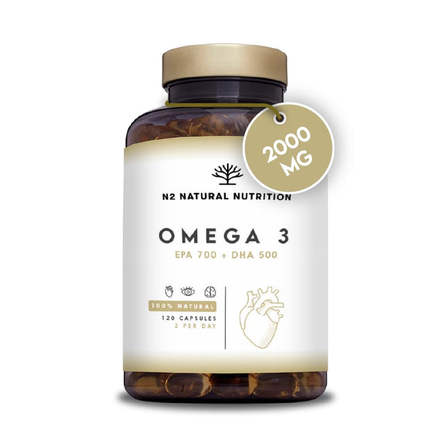 Augstas devas Omega 3 kapsulas ar 2000 mg zivju eļļas, 700 mg EPA un 500 mg DHA, zivju eļļa ar E vitamīnu un omega 3 taukskābēm. 120 mīkstās želejas kapsulas tīra jūras zivju eļļa N2 Natural Nutrition