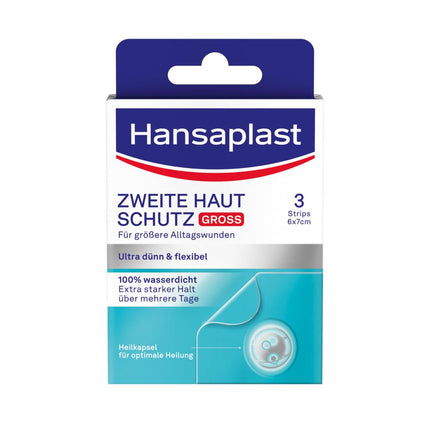Hansaplast plāksteris Second Skin Protection Large (3 strēmeles), plāns un elastīgs hidrokoloīdais plāksteris ar dziedinošo kapsulu tehnoloģiju, ūdensizturīgs brūču plāksteris ar īpaši spēcīgu fiksāciju vismaz 72 stundas