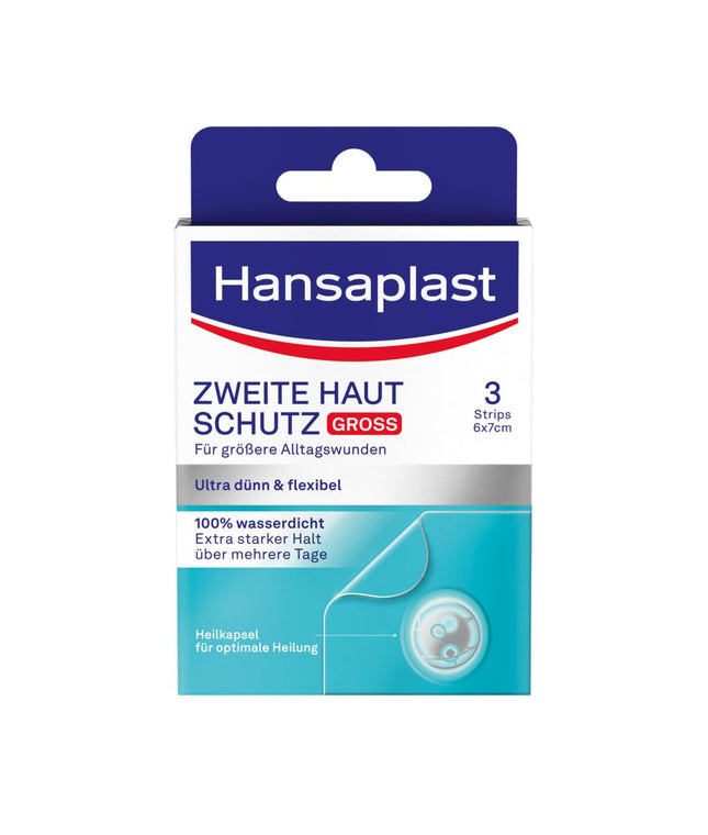 Hansaplast plāksteris Second Skin Protection Large (3 strēmeles), plāns un elastīgs hidrokoloīdais plāksteris ar dziedinošo kapsulu tehnoloģiju, ūdensizturīgs brūču plāksteris ar īpaši spēcīgu fiksāciju vismaz 72 stundas