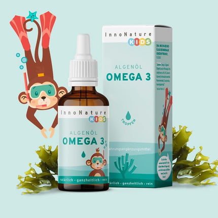 InnoNature Omega 3 pilieni bērniem | dabiski no mikroaļģēm Schizochytrium | 30 ml, DHA 127–170 mg, EPA 63–84 mg | Ieteicams bērniem no 4 gadu vecuma