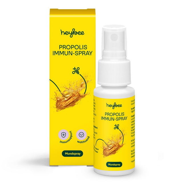 heybee® Propolisa imūnsprejs ar D vitamīnu, 30 ml - mutes dobuma aerosols bērniem un pieaugušajiem, nomierinošs rīklei un rīklei + stiprina imūnsistēmu, sastāvdaļas no ilgtspējīgas biškopības