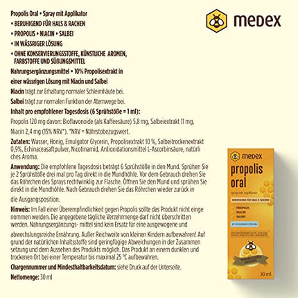 Medex Propolis Oral, propolisa aerosols, mutes un rīkles aerosols, uz ūdens bāzes, BEZ spirta; Ar medu, salviju, niacīnu, ehināciju, standartizētiem bioflavonoīdiem, ar aplikatoru, 30 ml