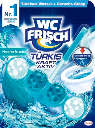 WC-Fresh Power Active Turquoise Rinse Sea Fresh (10 iepakojumi), tualetes tīrīšanas līdzeklis redzamai tīrīšanai ar tirkīza ūdeni, smaržakmeņi intensīvam tualetes aromātam