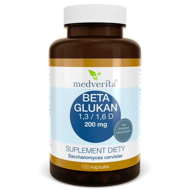 MEDVERITA - Beta-glikāns 1,3/1,6 D 200 mg - Regulē holesterīna līmeni - Stiprina imunitāti - Uztura bagātinātājs - 1 kapsula divas reizes dienā - 120 kapsulas