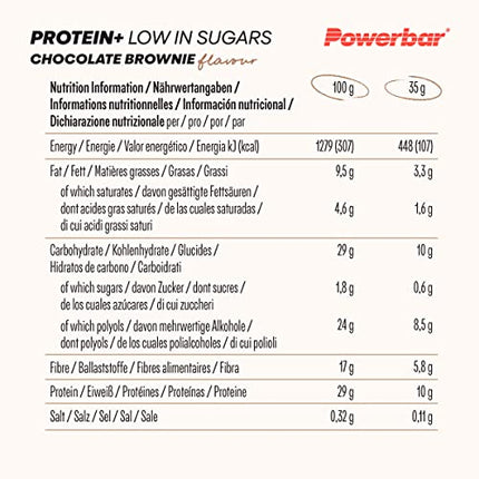 Powerbar - Protein Plus - Zems cukura saturs - Šokolādes-Braunija - 30x35g - Batoniņi tikai ar 107 kcal - Fitnesa batoniņš ar šķiedrvielām