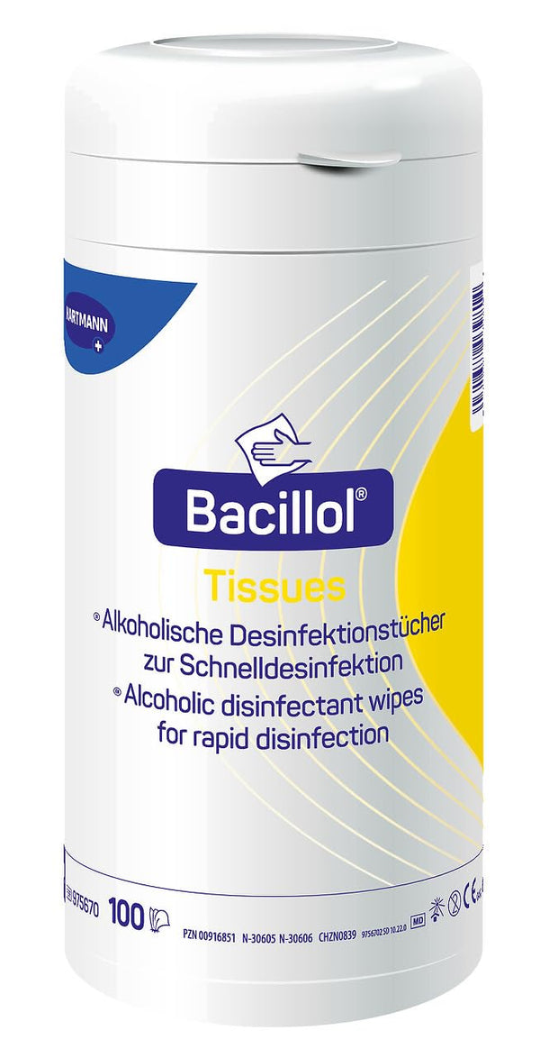 Bacillol salvetes: Ātrās dezinfekcijas salvetes uz spirta bāzes praktiskā dozatorā, 100 salvetes