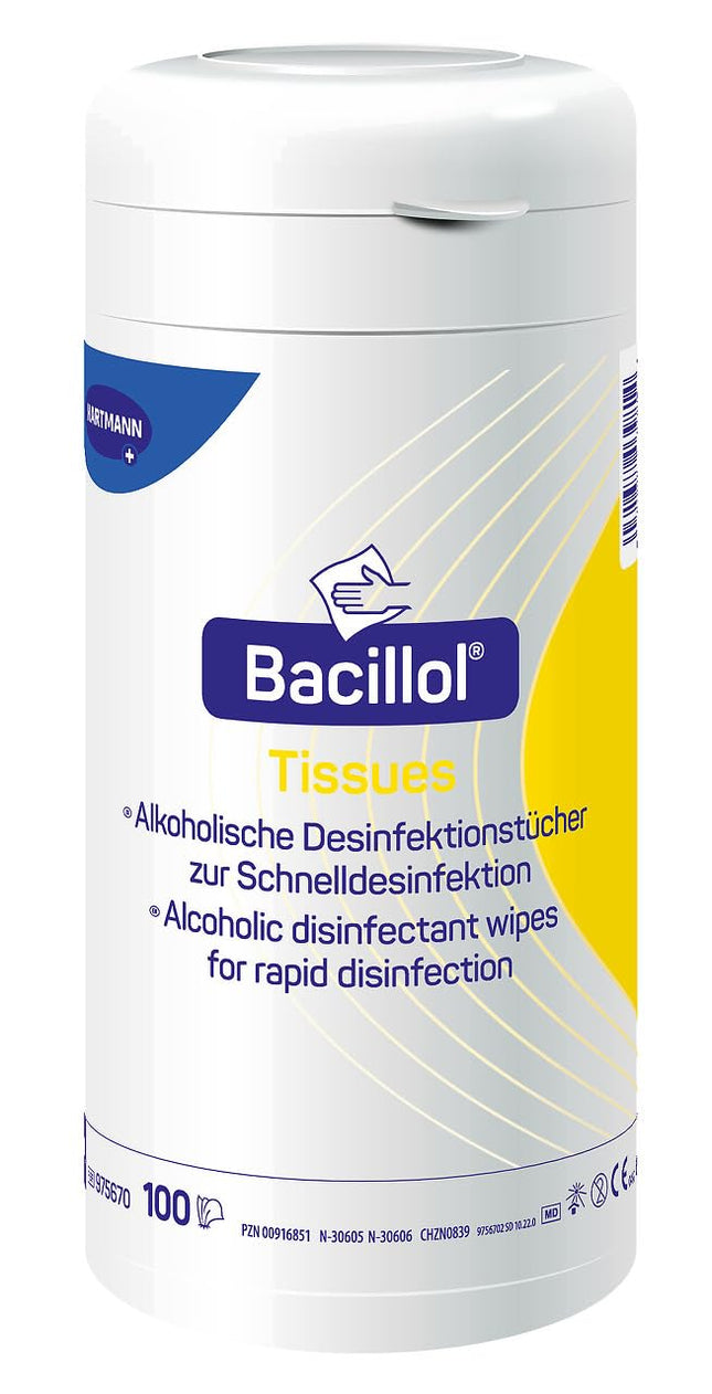 Bacillol salvetes: Ātrās dezinfekcijas salvetes uz spirta bāzes praktiskā dozatorā, 100 salvetes