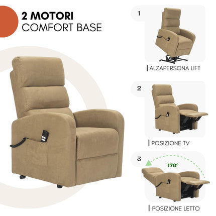 POLTRONE ITALIA Jessica 2 Motors PERSONALIZĒTS atpūtas krēsls ar medicīnisko ierīci, 4 riteņi, mikro atsperu sēdeklis, pūkains kamieļkrāsas