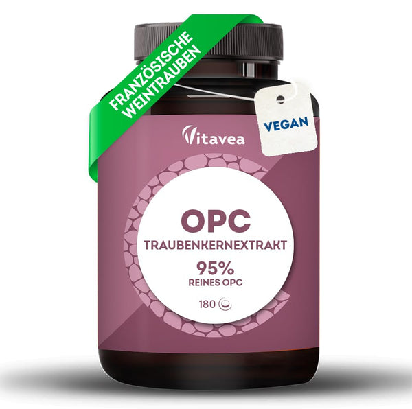 OPC vīnogu kauliņu ekstrakts - augsta deva ar 95% tīru OPC - no franču vīnogām - laboratorijā pārbaudīts (HPLC metode), vegāns - 180 tabletes - Vitavea