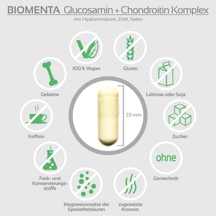 BIOMENTA glikozamīna + hondroitīna komplekss - 60 alergēnu nesaturošas augstas devas kapsulas ar glikozamīna sulfātu, augstas devas hondroitīna sulfātu + hialuronskābi, cinku, selēnu - augstākā kvalitāte
