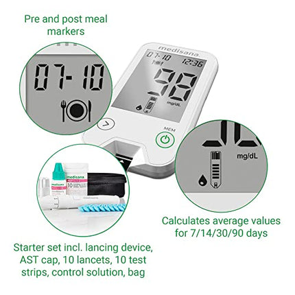 Medisana MediTouch 2 mg/dL asins glikozes mērītājs, sākuma komplekts ar testa strēmelītēm diabēta slimniekiem, lancetēm glikozes līmeņa asinīs kontrolei, diabēta komplekts, eksprestests