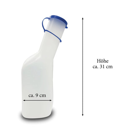Pisuāra pudele vīriešiem, 1000 ml, caurspīdīga polipropilēna urīna pudele ar zilu vāku, kvadrātveida, pienaina ar vāciņu, urīna savākšanas trauks vīriešiem, aprūpei mājās, slimnīcai, ceļošanai